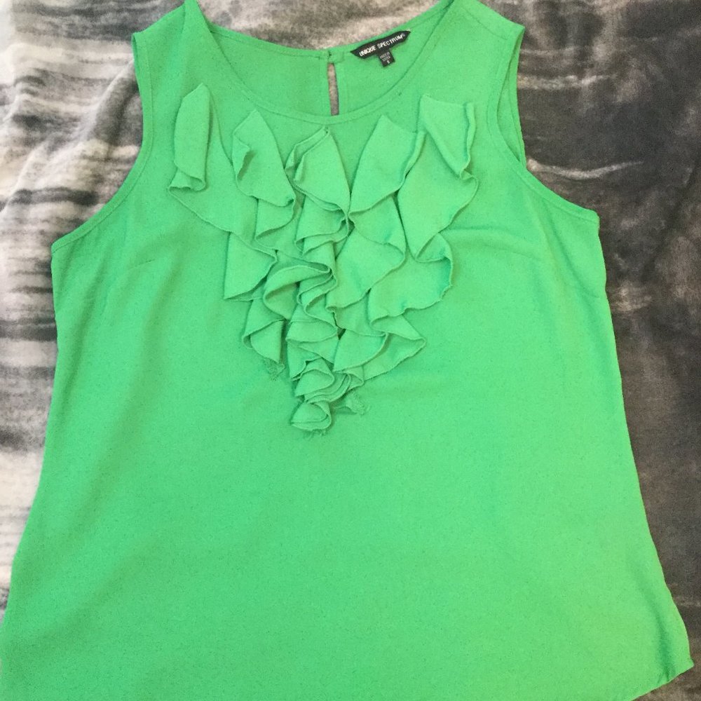 Unique Spectrum Sleeveless Green Ruffle Blouse